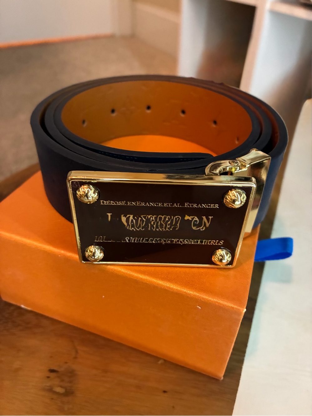Source Unknown Navy Leather Belt with Gold Plaque Buckle